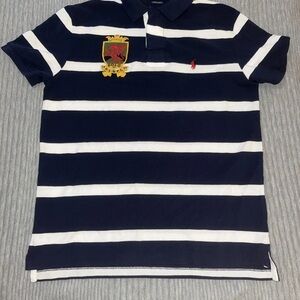 Ralph Lauren Polo Shirt Mens Medium Blue White Custom Slim Fit Crest Striped